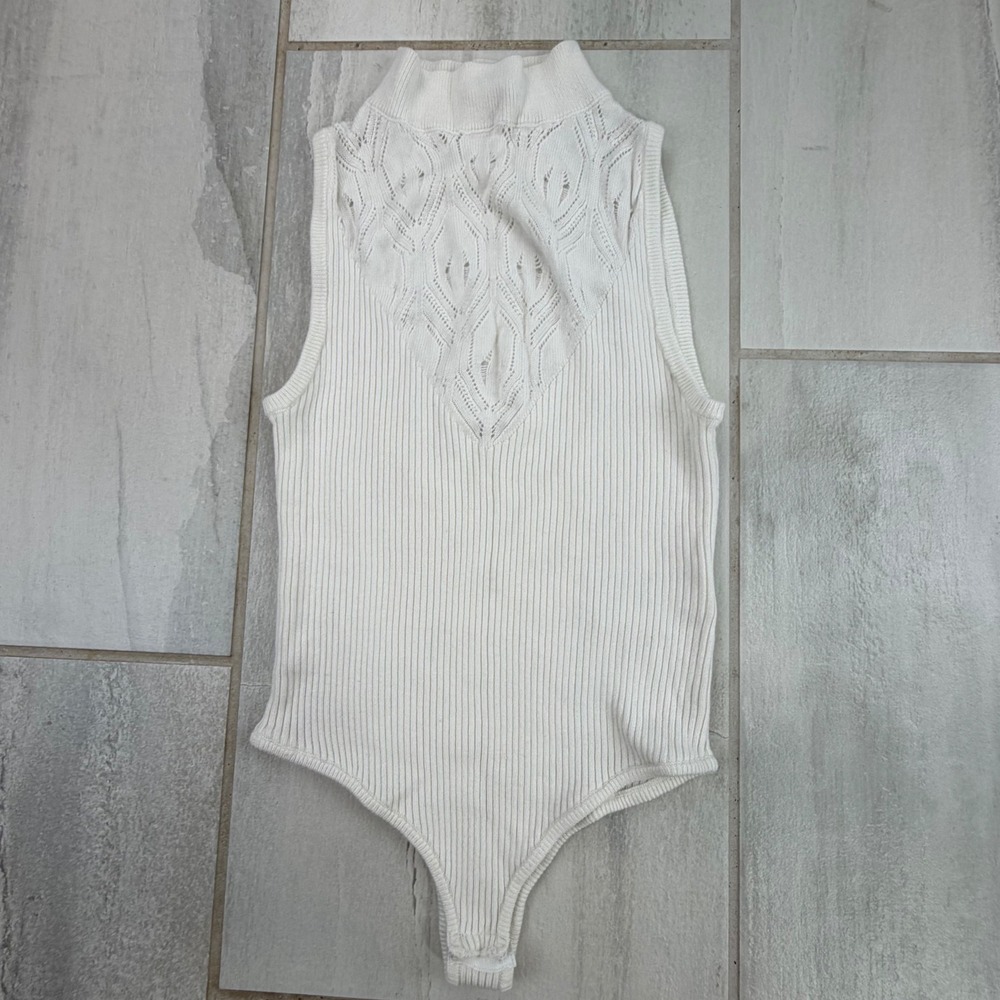 Intimately Free People Ivory Ribbed Mock Neck Pointelle Lace Bodysuit XS